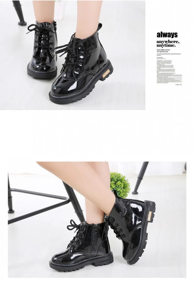 Kids Girls Non-Slip Wear-Resistant Soft Sole Fashion Warm Boots for Winter in shiny black leather by Yamza Tots' Closet