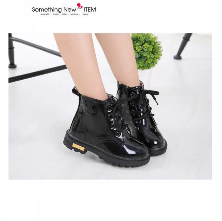 Kids Girls Non-Slip Wear-Resistant Soft Sole Fashion Warm Boots for Winter in shiny black leather