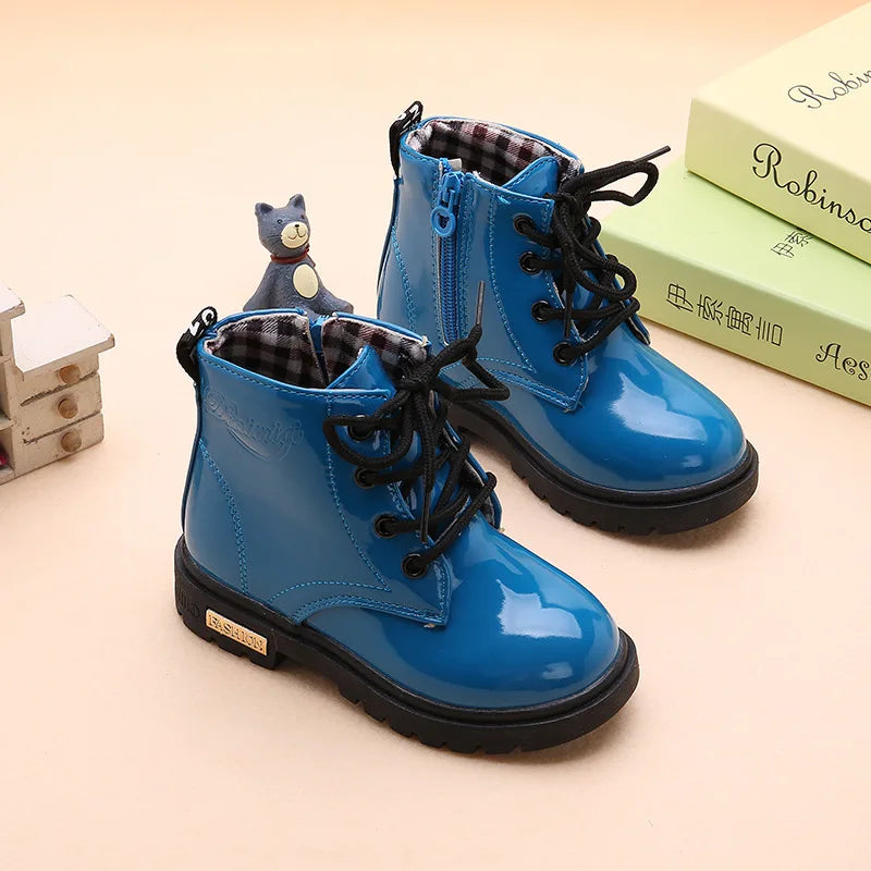 Yamza Tots' Closet kids girls non-slip wear-resistant soft sole fashion warm boots for winter in shiny blue with black laces