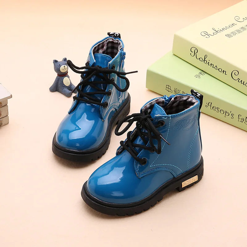 Kids Girls Non-Slip Wear-Resistant Soft Sole Fashion Warm Boots for Winter in shiny blue by Yamza Tots' Closet