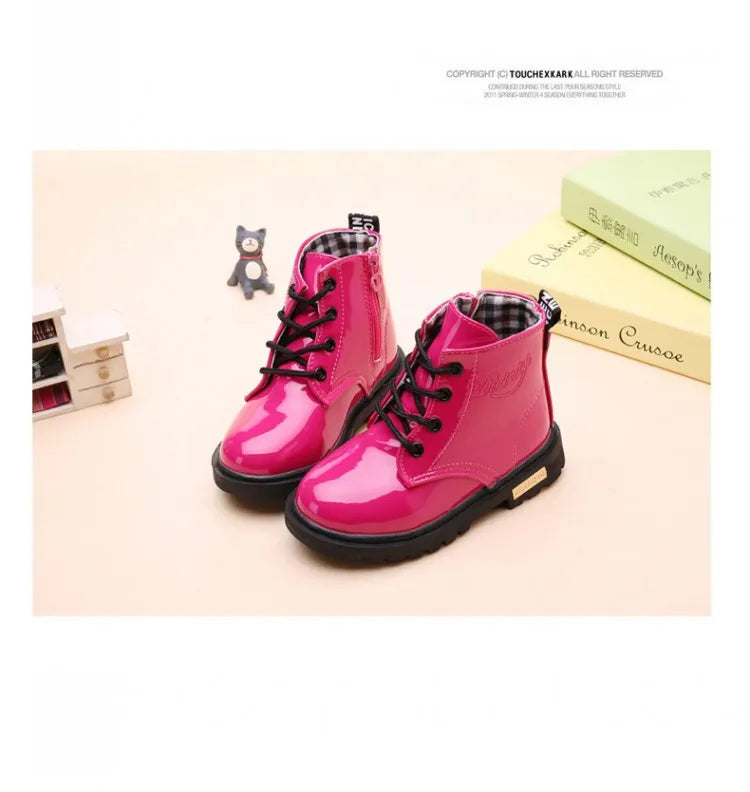 Kids Girls Non-Slip Wear-Resistant Soft Sole Fashion Warm Boots for Winter in shiny pink with black laces