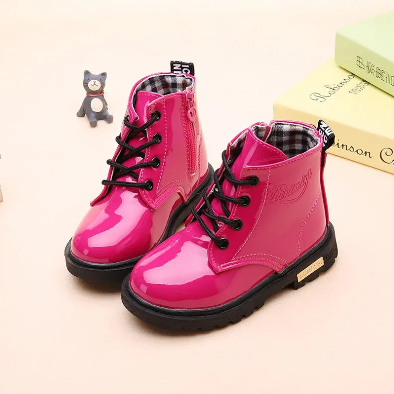 Kids Girls Non-Slip Wear-Resistant Soft Sole Fashion Warm Boots for Winter in bright pink with black laces