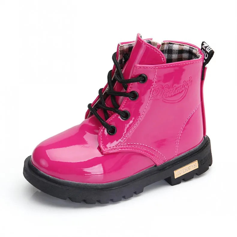 Kids Girls Non-Slip Wear-Resistant Soft Sole Fashion Warm Boots for Winter in shiny pink with black laces 