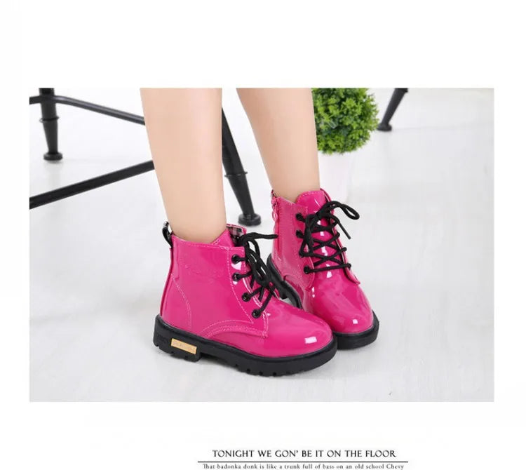 Kids Girls Non-Slip Wear-Resistant Soft Sole Fashion Warm Boots for Winter in bright pink with black laces  