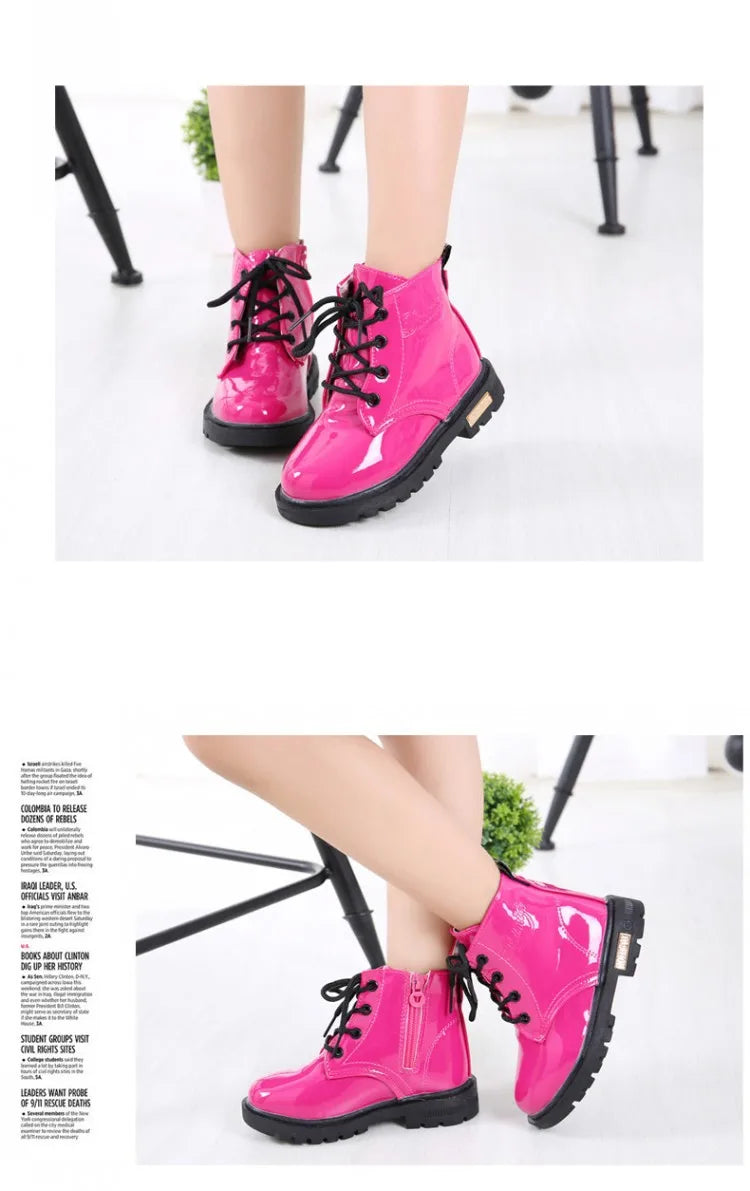 Kids Girls Non-Slip Wear-Resistant Soft Sole Fashion Warm Boots for Winter in bright pink with black laces 