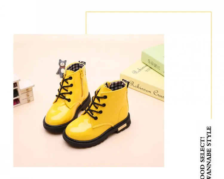 Kids Girls Non-Slip Wear-Resistant Soft Sole Fashion Warm Boots for Winter in bright yellow with black laces  