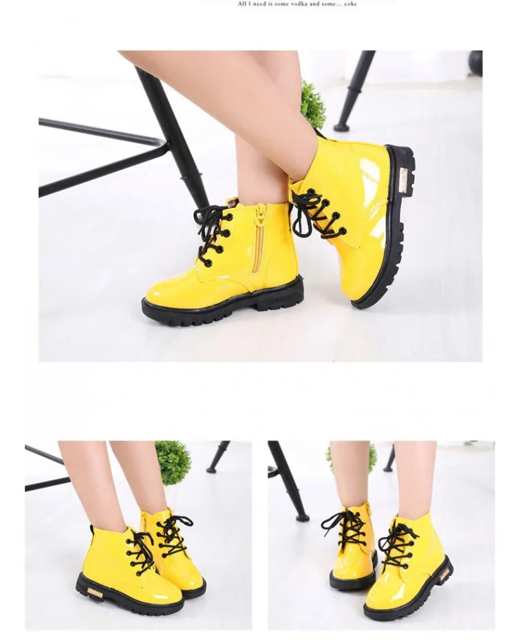 Kids Girls Non-Slip Wear-Resistant Soft Sole Fashion Warm Boots for Winter in bright yellow with black laces and zipper closure