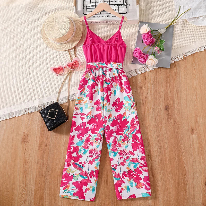 Kids Girls Rose Red Lace Jumpsuit Floral Print Party Birthday Outfit Stylish with spaghetti straps and wide leg pants
