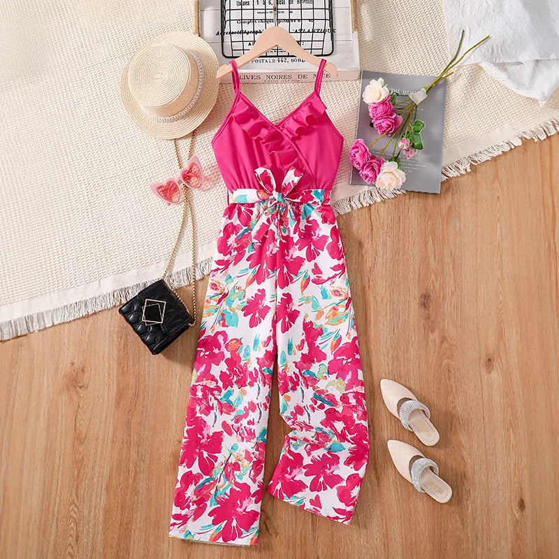Kids Girls Rose Red Lace Jumpsuit Floral Print Party Birthday Outfit Stylish with sleeveless design and waist tie
