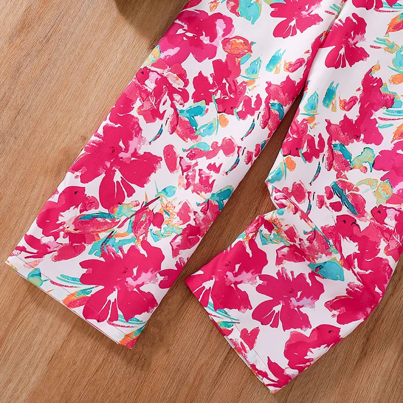 Kids Girls Rose Red Lace Jumpsuit Floral Print Party Birthday Outfit Stylish detailed close-up of pant legs on wooden background
