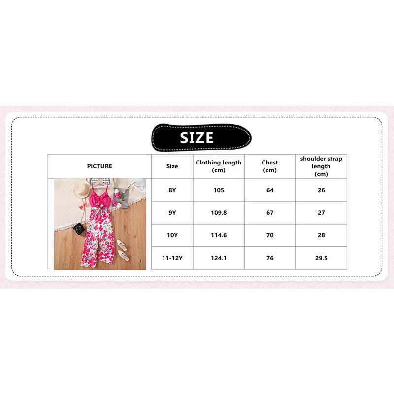 Kids Girls Rose Red Lace Jumpsuit Floral Print Party Birthday Outfit size chart with measurements