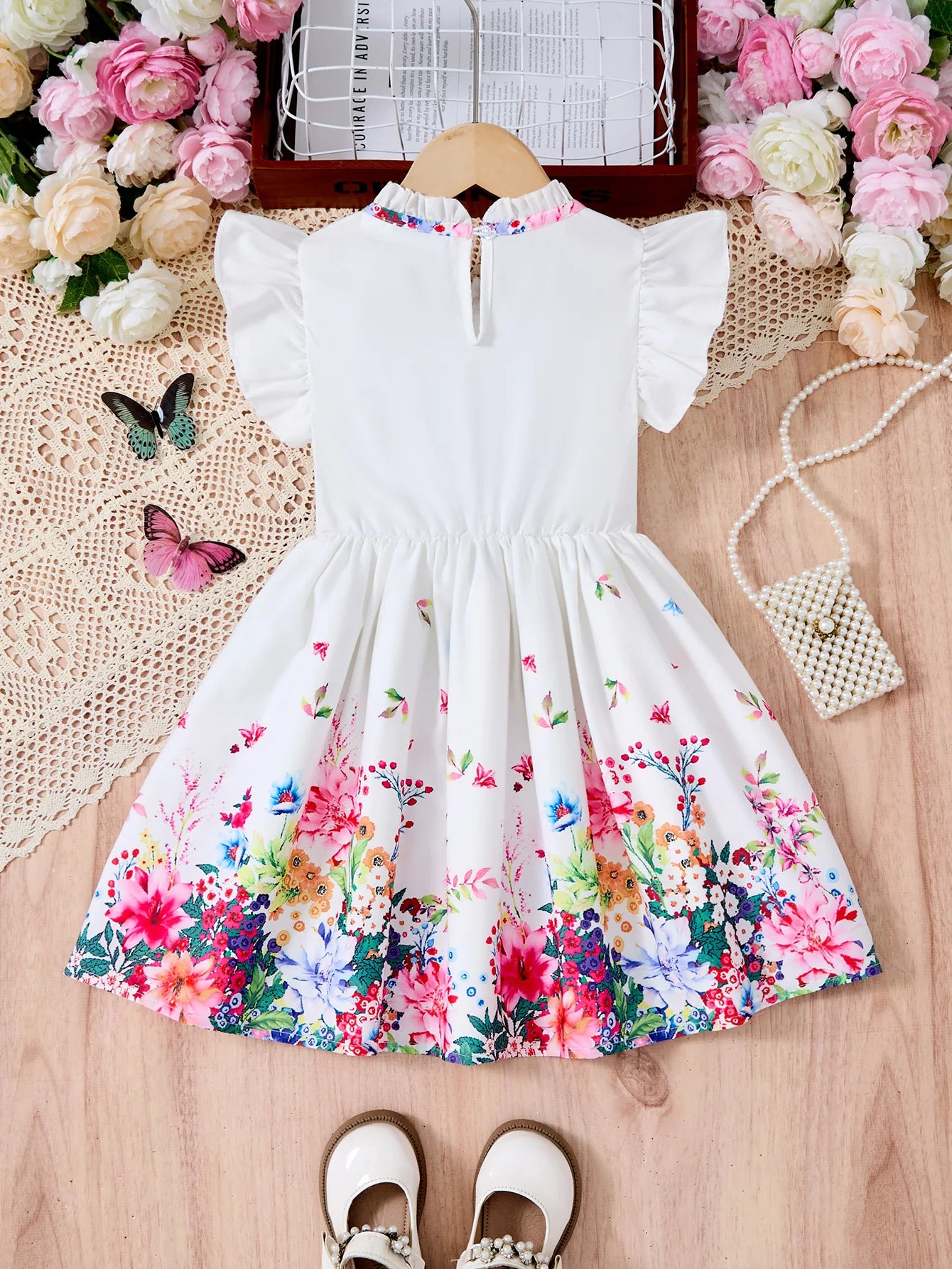 Kids Girls Summer Floral Dress with Bow white short sleeve casual outfit with colorful flower print and ruffle sleeves  