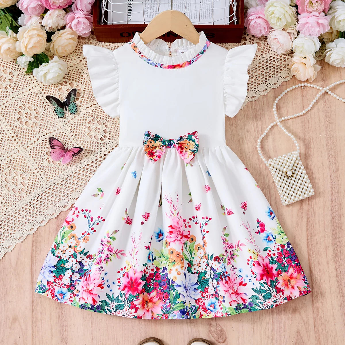 Kids Girls Summer Floral Dress with Bow White Short Sleeve Casual Outfit by Yamza Tots' Closet