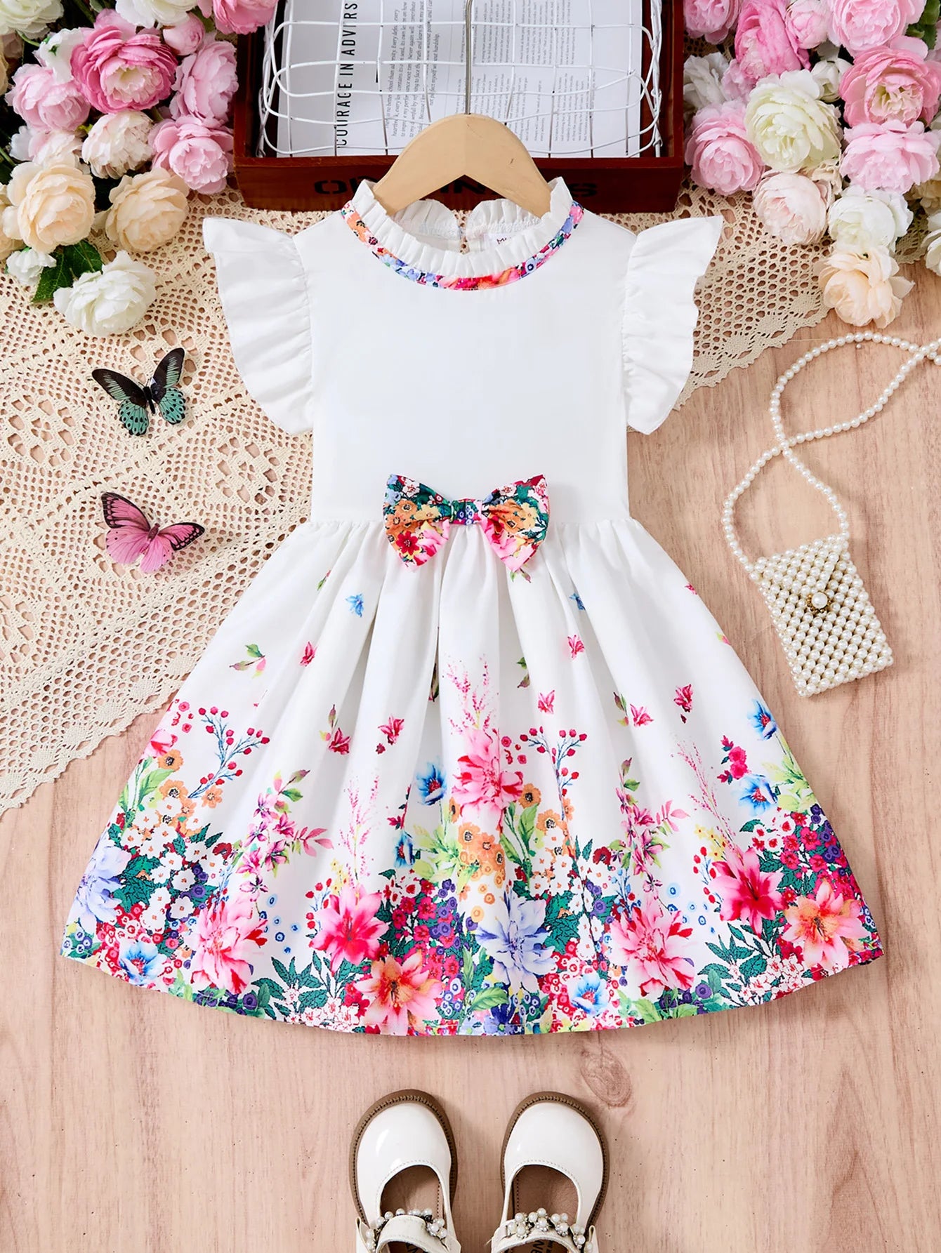 Kids Girls Summer Floral Dress with Bow white short sleeve casual outfit with colorful flower print and ruffle sleeves 