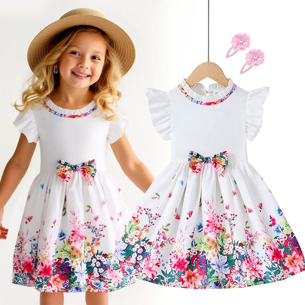 Kids Girls Summer Floral Dress with Bow white short sleeve casual outfit by Yamza Tots Closet