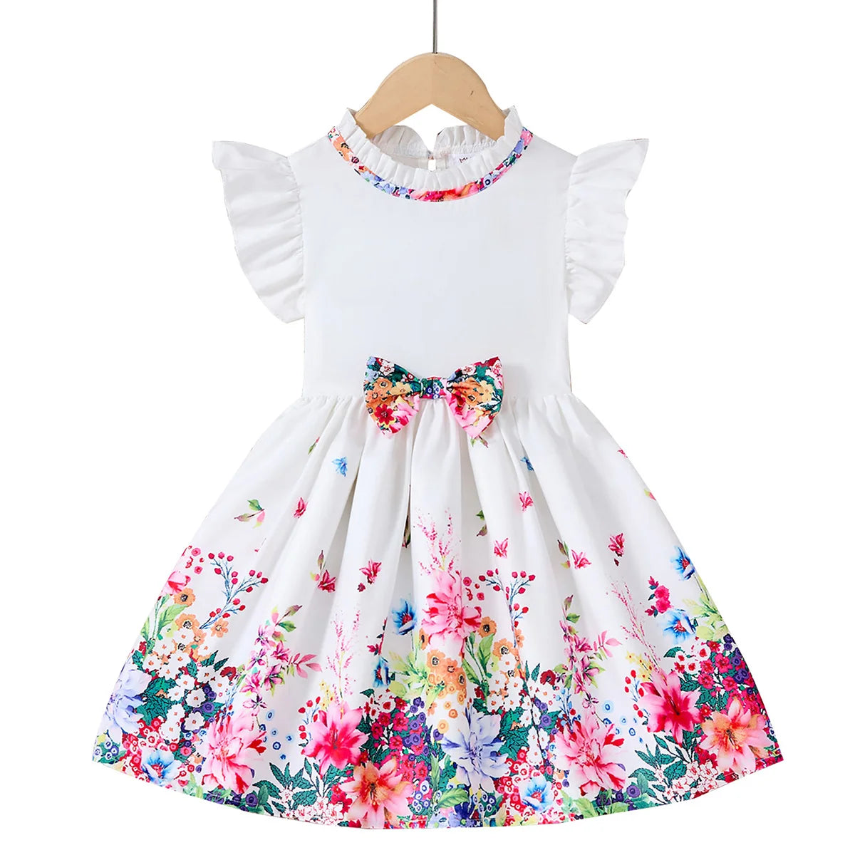 Kids Girls Summer Floral Dress with Bow white short sleeve casual outfit with colorful flower print and ruffle sleeves