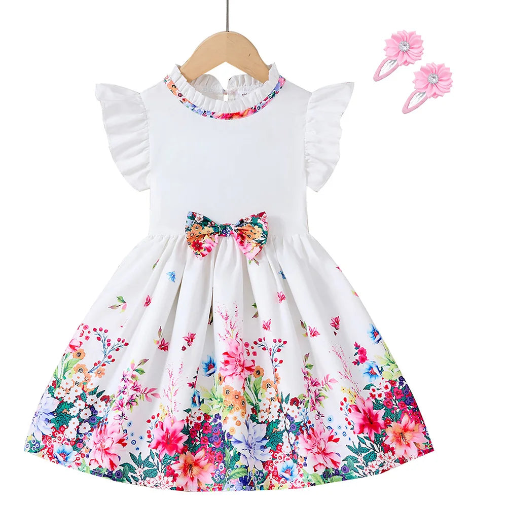Kids Girls Summer Floral Dress with Bow White Short Sleeve Casual Outfit with colorful flower print