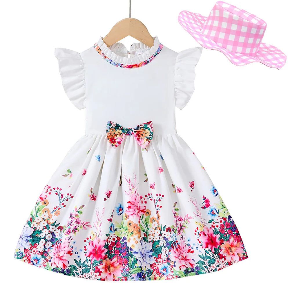 Kids Girls Summer Floral Dress with Bow white short sleeve casual outfit by Yamza Tots' Closet with colorful flower print and matching pink checkered hat