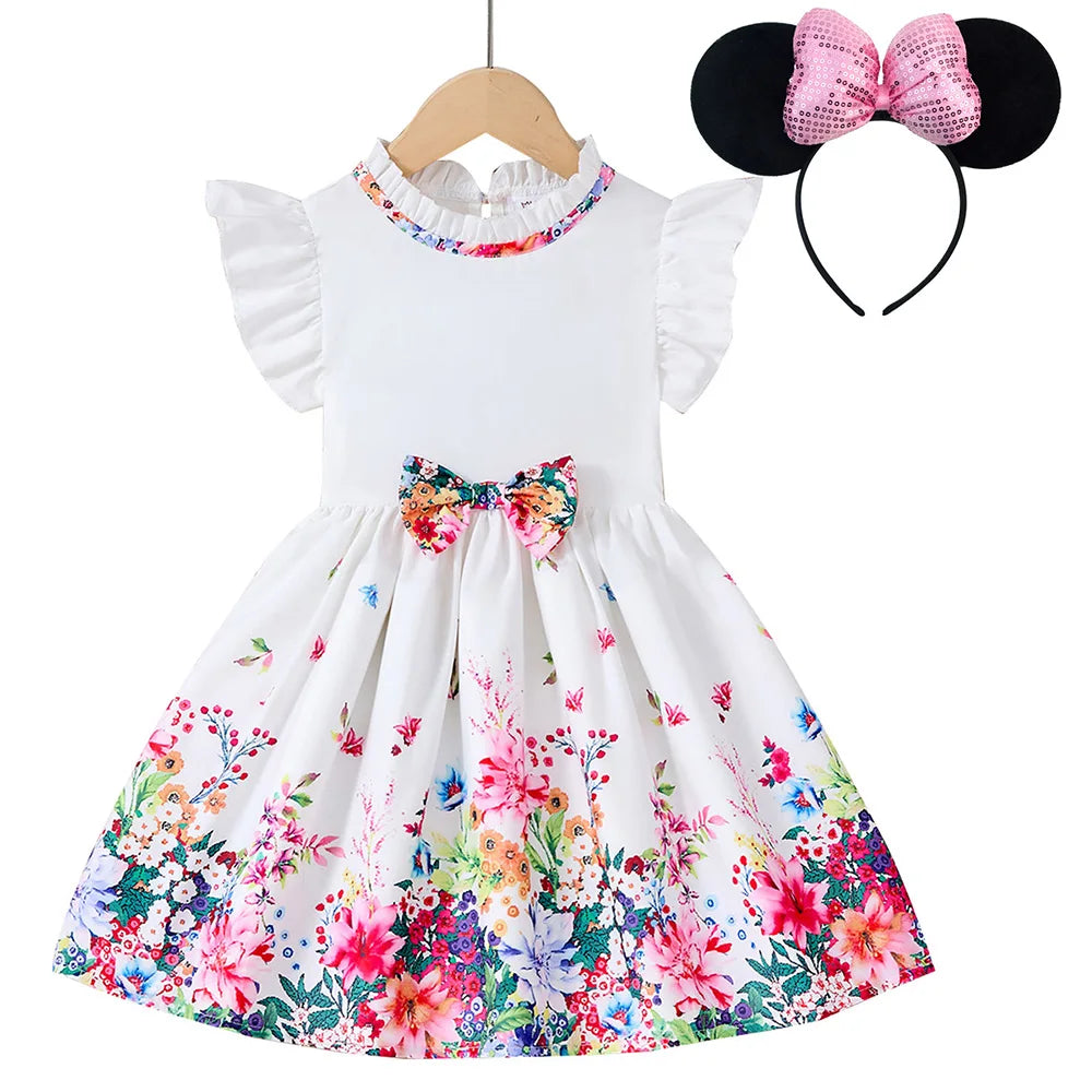 Kids Girls Summer Floral Dress with Bow white short sleeve casual outfit featuring colorful flower print and ruffle sleeves