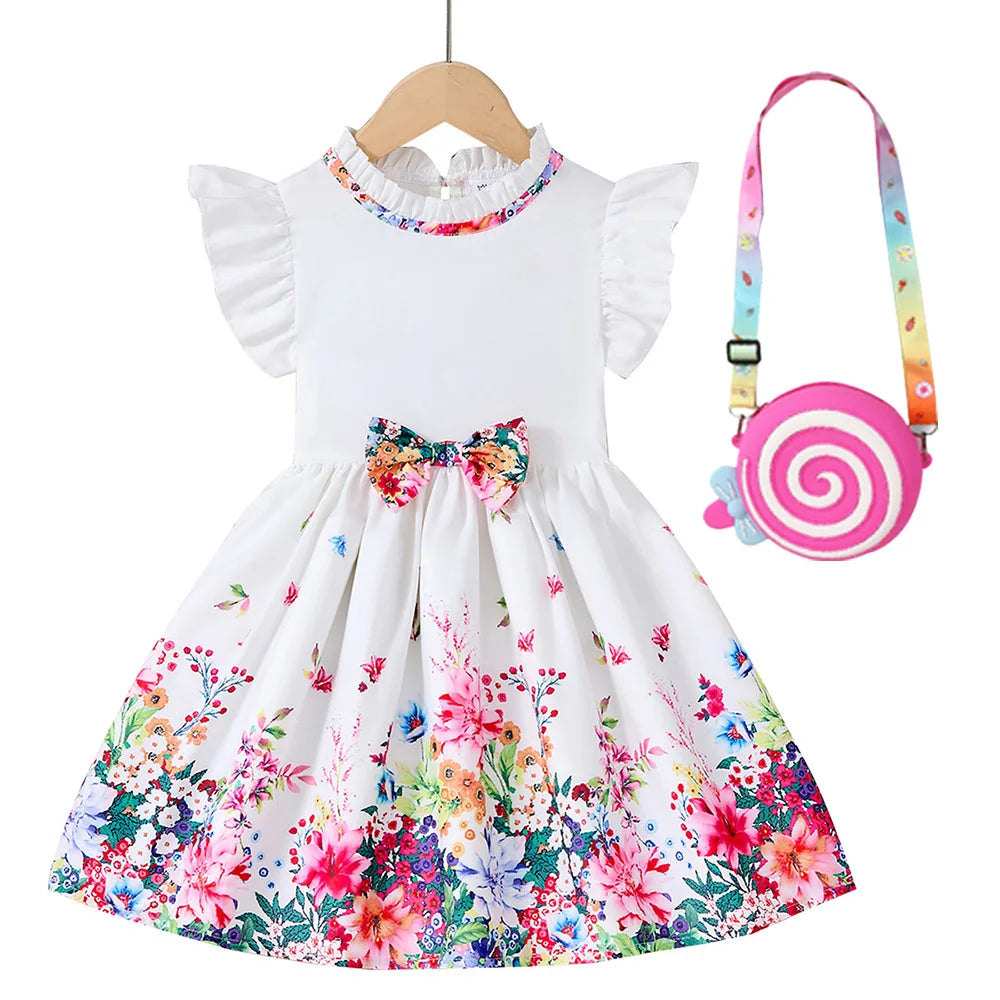 Kids Girls Summer Floral Dress with Bow white short sleeve casual outfit with colorful floral print and matching pink swirl purse