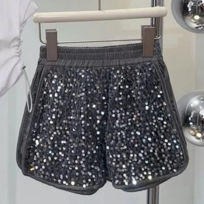 Shiny black sequin shorts from Kids Girls Summer Outfit Set Sleeveless T-shirt and Shiny Shorts 2-Piece Set by Yamza Tots' Closet