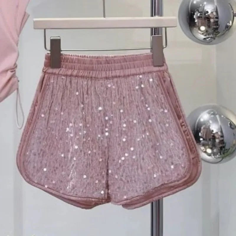 Pink shiny shorts part of Kids Girls Summer Outfit Set Sleeveless T-shirt and Shiny Shorts 2-Piece Set by Yamza Tots' Closet