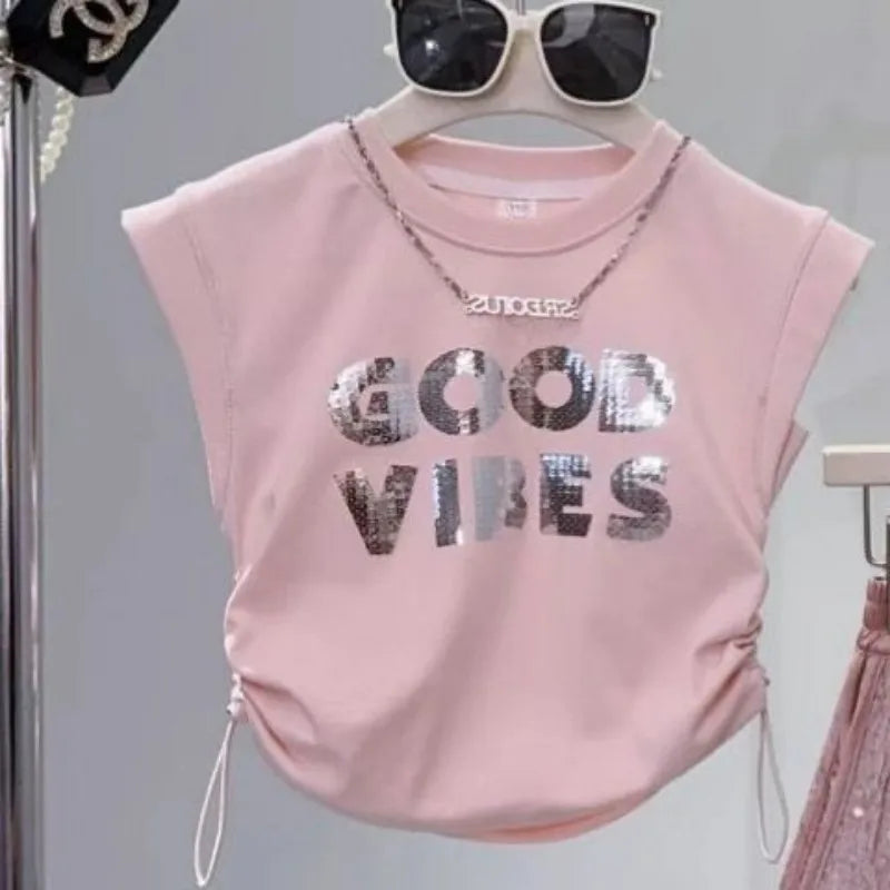Kids Girls Summer Outfit Set Sleeveless T-shirt and Shiny Shorts 2-Piece Set pink shirt with good vibes print