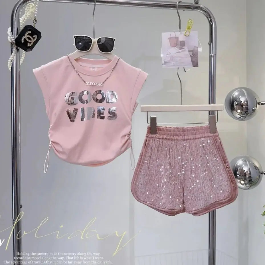 Kids Girls Summer Outfit Set Sleeveless T-shirt and Shiny Shorts 2-Piece Set in pink with good vibes print and sequin detail