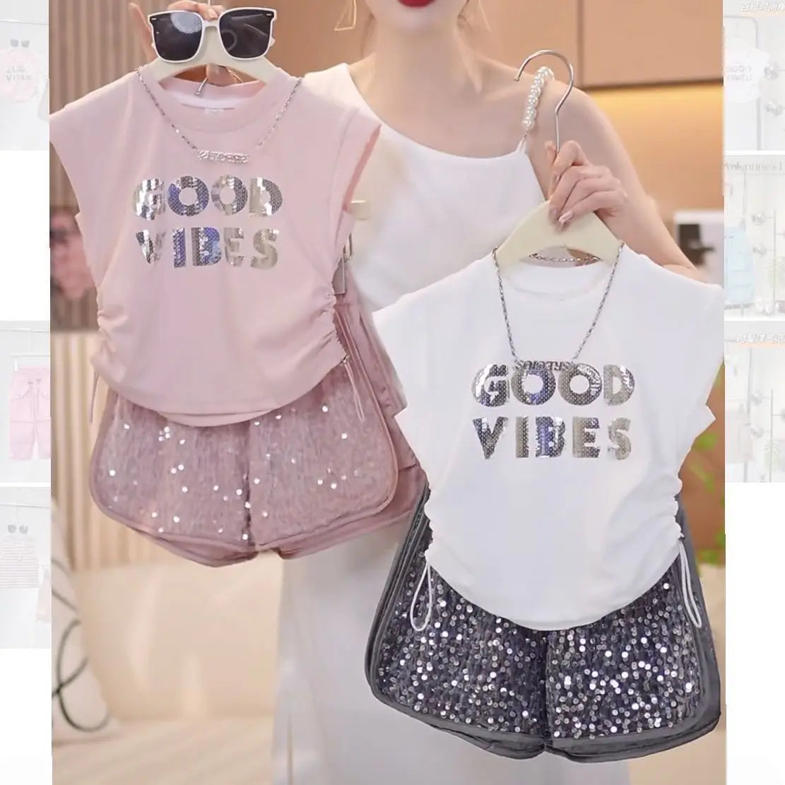 Kids Girls Summer Outfit Set Sleeveless T-shirt and Shiny Shorts 2-Piece Set in pink and white with good vibes print