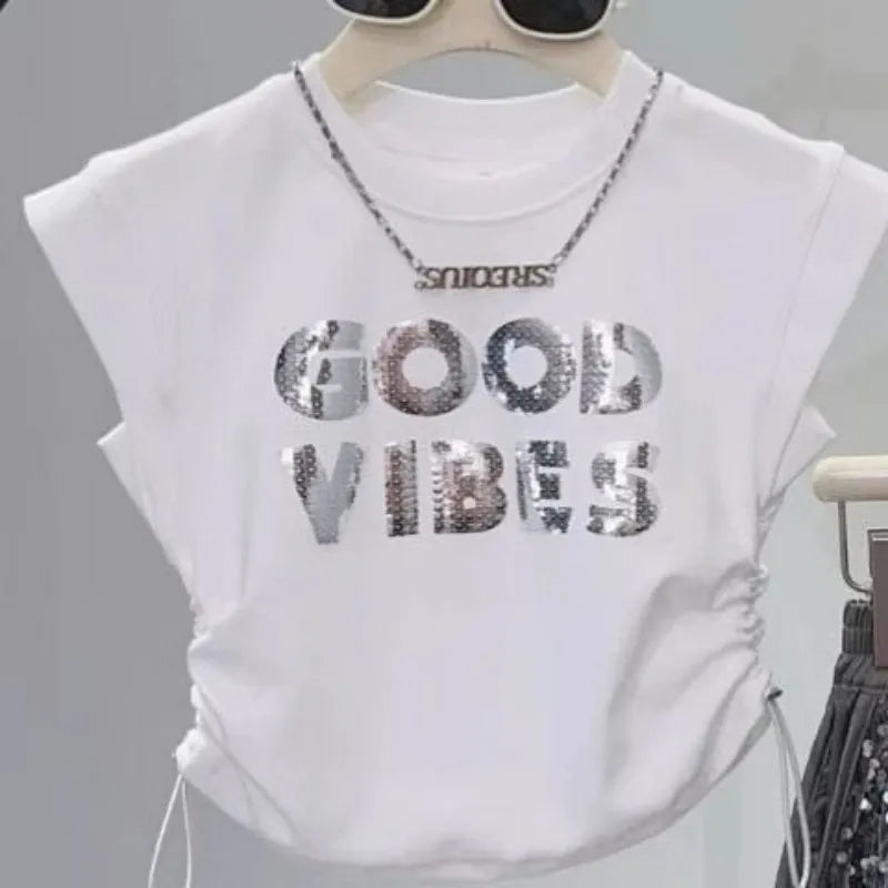 Kids Girls Summer Outfit Set Sleeveless T-shirt and Shiny Shorts 2-Piece Set with white sequin good vibes top