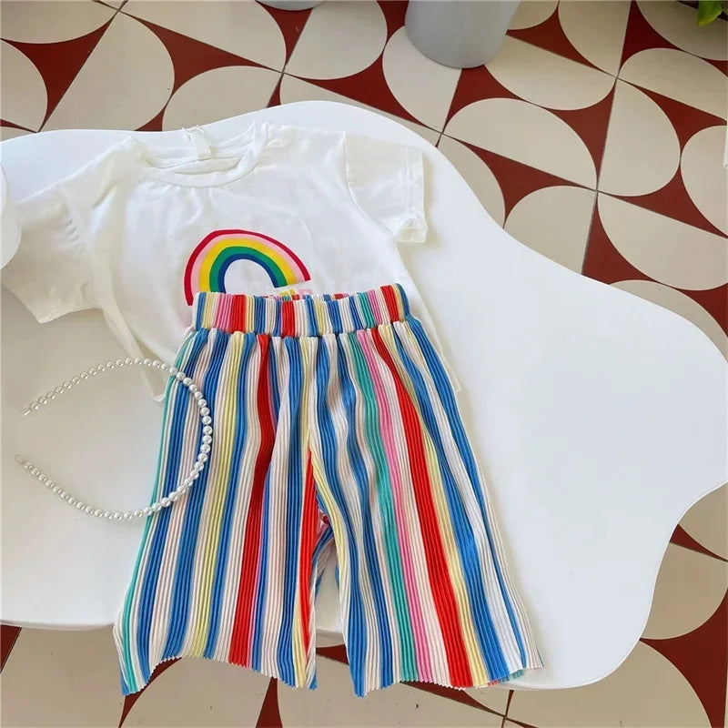 Kids Girls Summer Outfit Set with Short Sleeve T-Shirt and Rainbow Pants featuring a white tee with rainbow and colorful striped pants