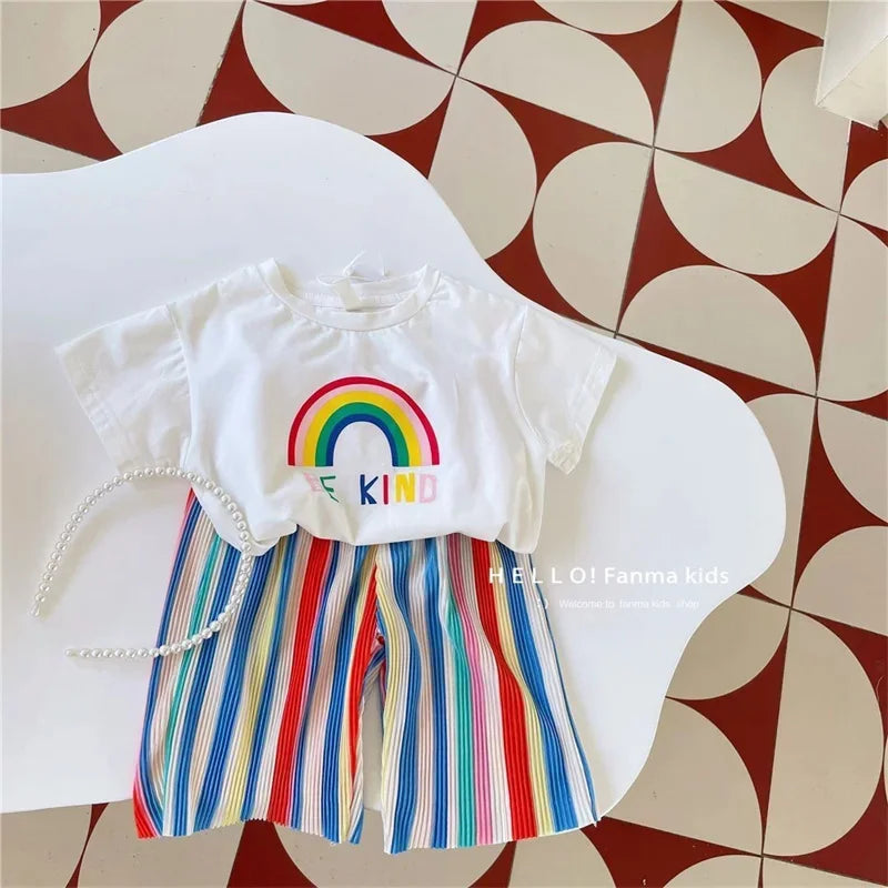 Kids Girls Summer Outfit Set with Short Sleeve T-Shirt and Rainbow Pants featuring a rainbow graphic