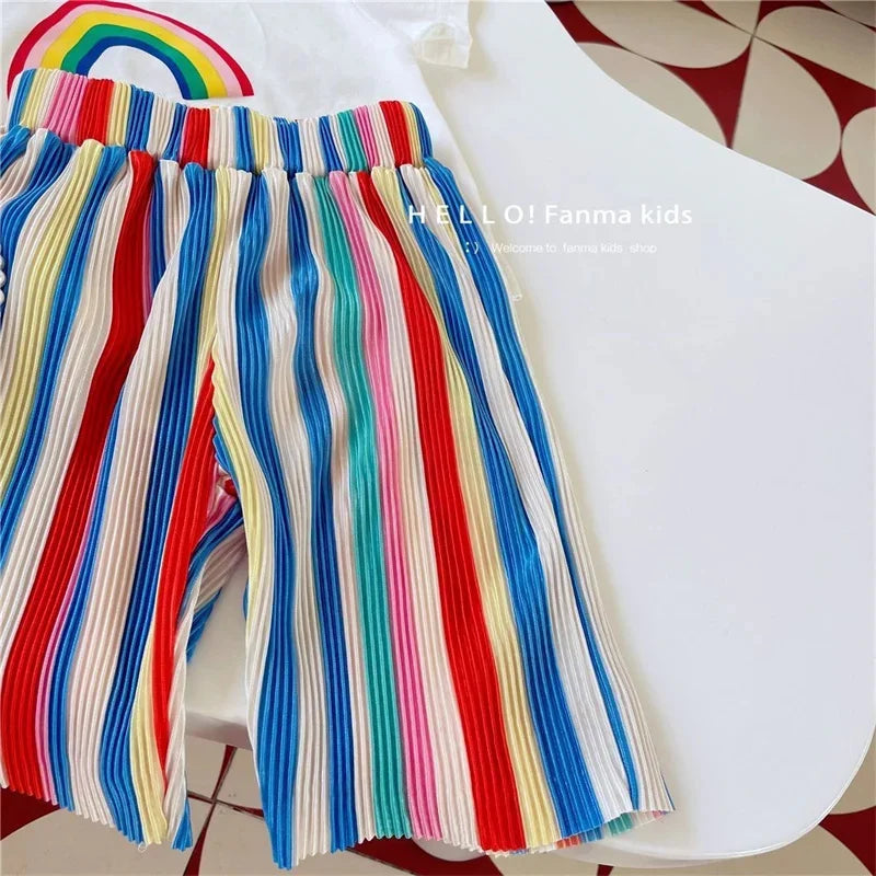 Kids Girls Summer Outfit Set with Short Sleeve T-Shirt and Rainbow Pants featuring colorful striped pants and white tee
