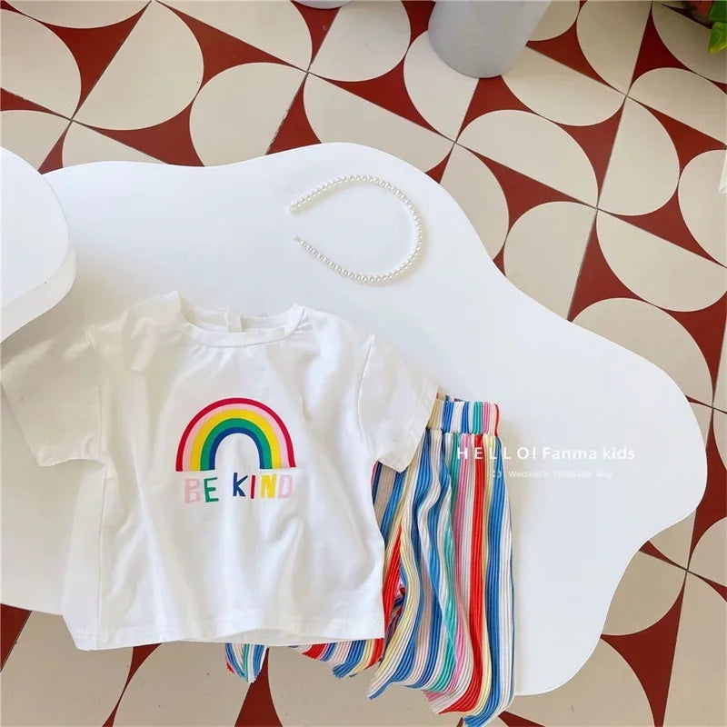 Kids Girls Summer Outfit Set with Short Sleeve T-Shirt and Rainbow Pants by Yamza Tots' Closet