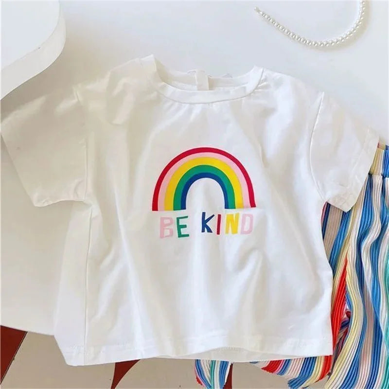 Kids Girls Summer Outfit Set with Short Sleeve T-Shirt featuring rainbow and Be Kind print with colorful striped rainbow pants
