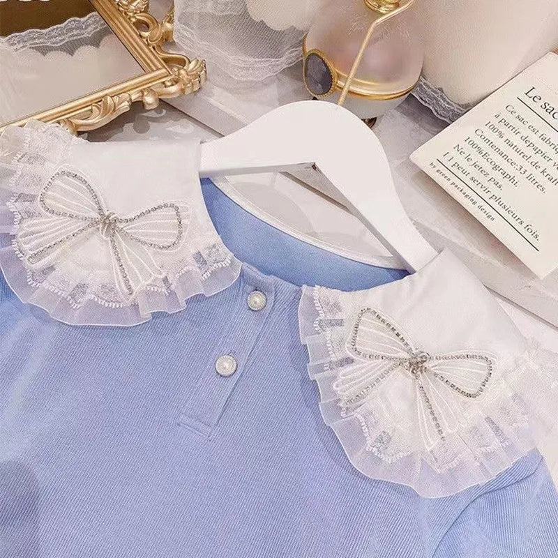 Kids Girls Winter Knitted Outfit 2PCS Set Solid Sweater Top and Casual Skirt with decorative lace collar and pearl buttons