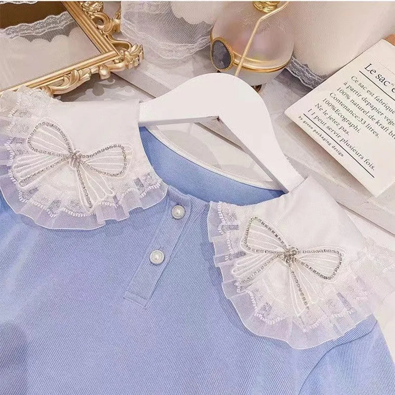Kids Girls Winter Knitted Outfit 2PCS Set Solid Sweater Top in light blue with lace bows on collar