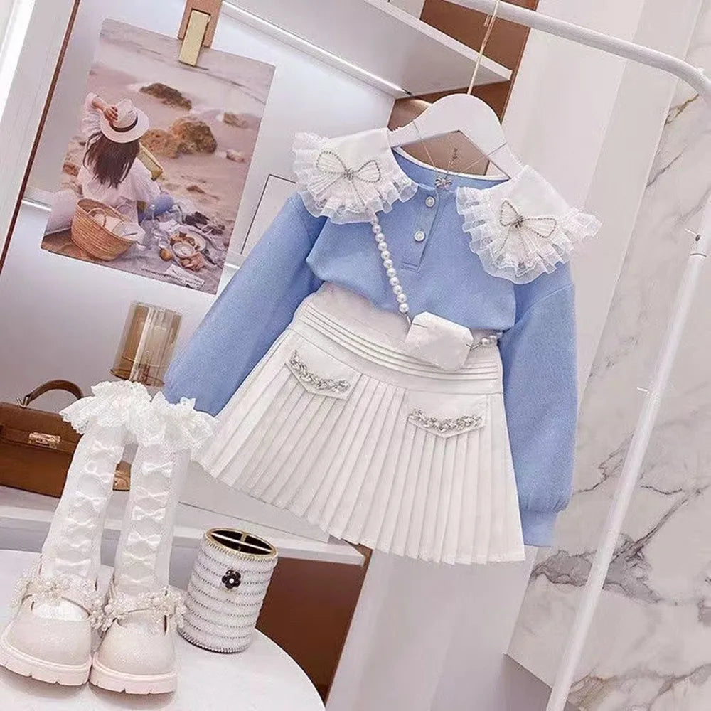 Kids Girls Winter Knitted Outfit 2PCS Set Solid Sweater Top and Casual Skirt in blue and white with lace collar and pleated skirt
