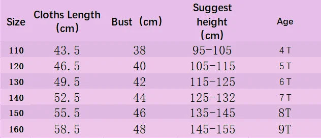 Size chart for Kids Girls Winter Knitted Outfit 2PCS Set Solid Sweater Top and Casual Skirt with measurements for length bust height and age