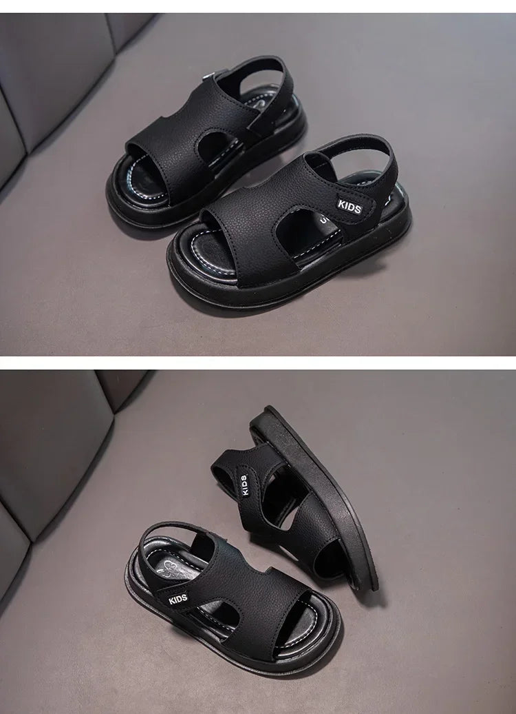 Kids Open Toe Non-Slip Soft Sole Sandals Boys Girls Summer Beach Shoes in black with adjustable straps
