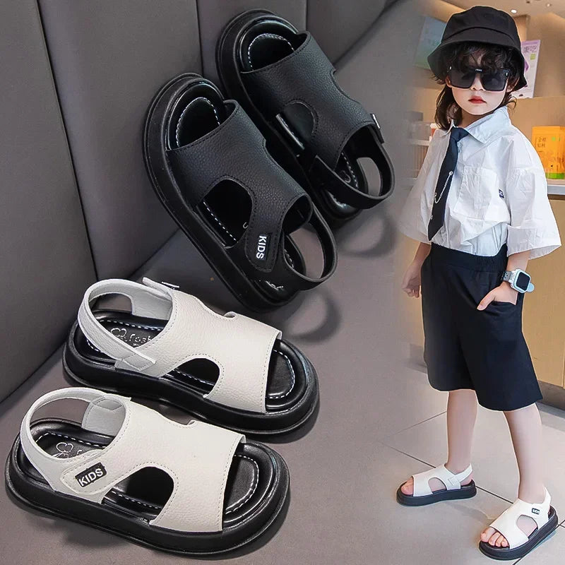 Kids Open Toe Non-Slip Soft Sole Sandals Boys Girls Summer Beach Shoes in black and white from Yamza Tots' Closet