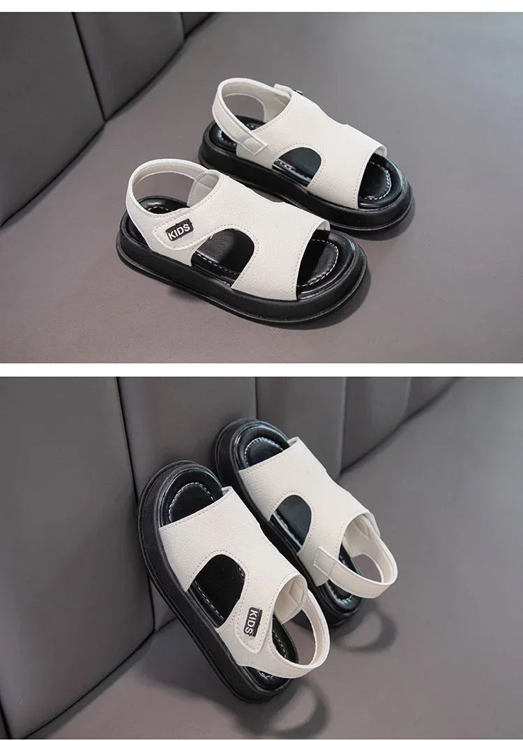 Kids Open Toe Non-Slip Soft Sole Sandals Boys Girls Summer Beach Shoes in white with black sole from Yamza Tots Closet