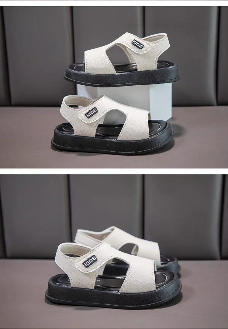 Kids Open Toe Non-Slip Soft Sole Sandals Boys Girls Summer Beach Shoes in beige with black soles