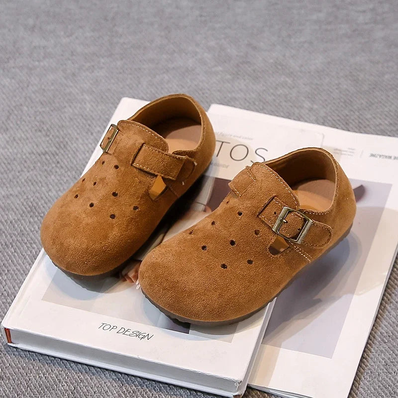 Kids Retro Flat Shoes Solid Candy Color Moccasins for Boys and Girls Trendy in brown suede with buckle detail