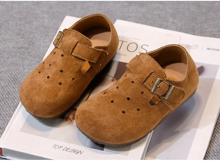 Kids Retro Flat Shoes Solid Candy Color Moccasins for Boys and Girls Trendy in brown suede with buckle straps