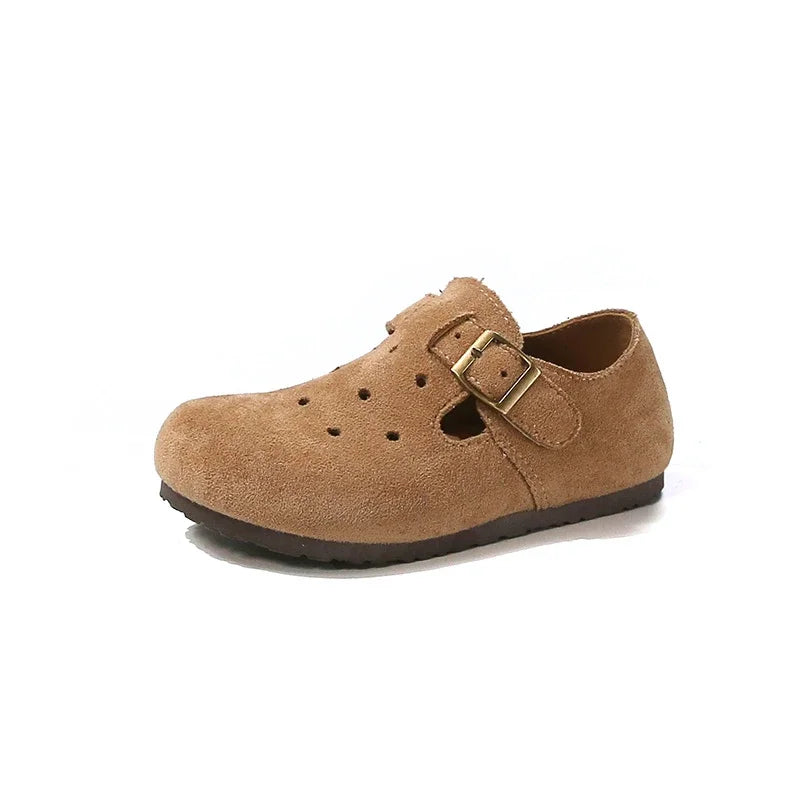 Kids Retro Flat Shoes Solid Candy Color Moccasins for Boys and Girls Trendy brown suede shoe with buckle