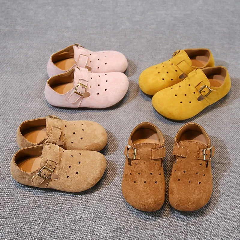 Kids Retro Flat Shoes Solid Candy Color Moccasins for Boys and Girls Trendy in pink yellow tan and brown colors