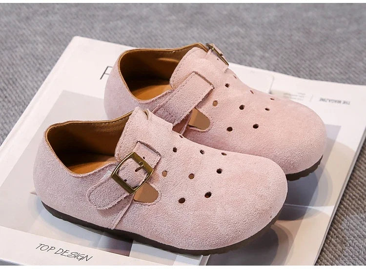 Kids Retro Flat Shoes Solid Candy Color Moccasins for Boys and Girls Trendy in soft pink with buckle straps