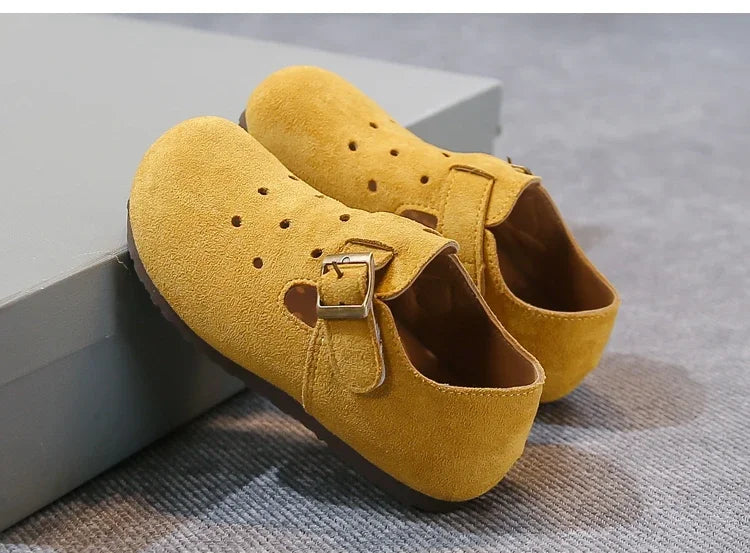 Kids Retro Flat Shoes Solid Candy Color Moccasins for Boys and Girls Trendy in mustard yellow suede with buckle
