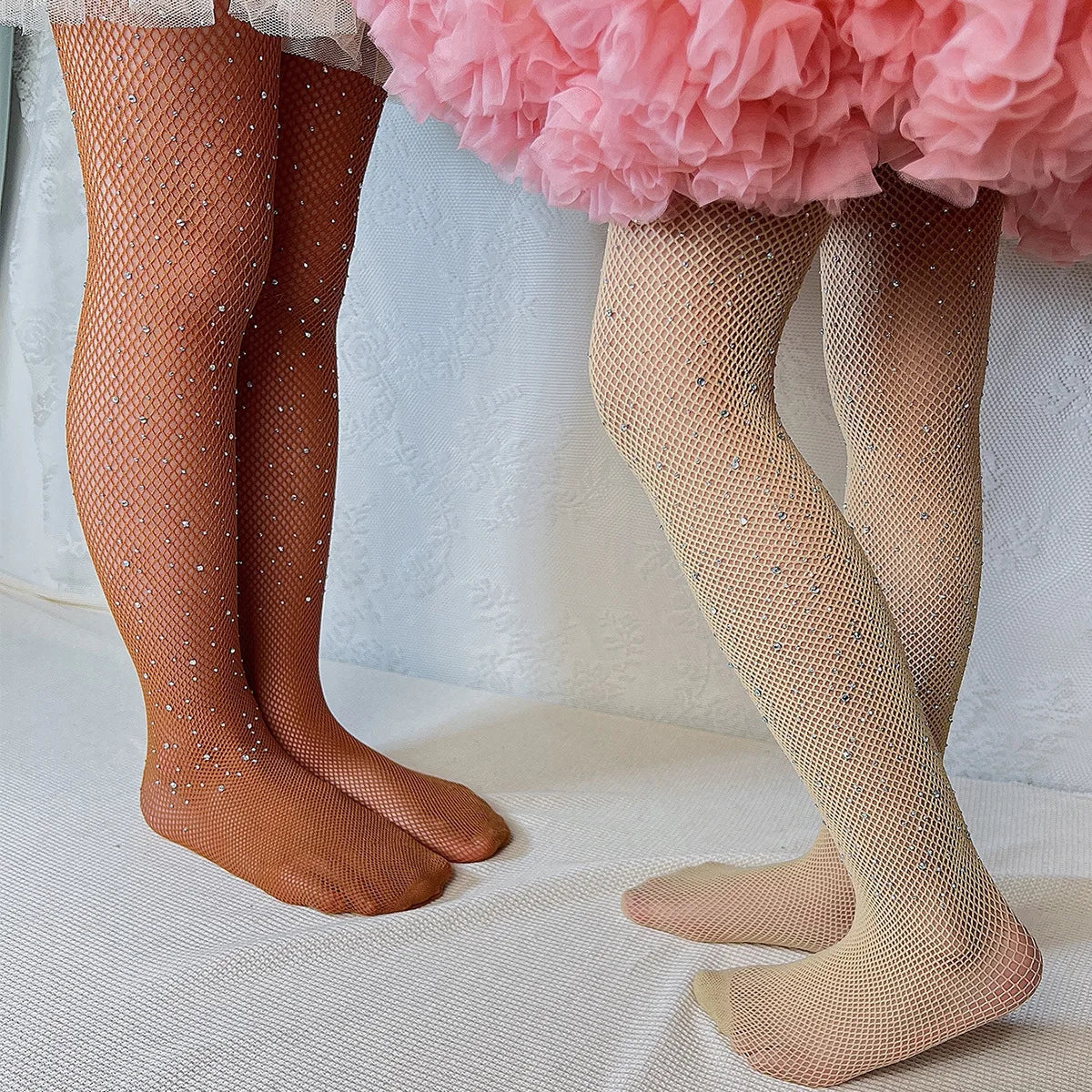 Kids Rhinestone Glitter Fishnet Tights Baby Girl Stockings Socks Accessories worn by two children in pink tutus
